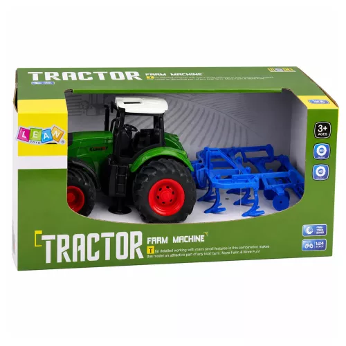 Mezőgazdasági traktor kultivátorral és talajművelő egységgel, zöld színben, 1:24