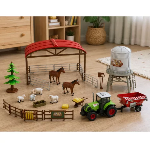 Farmkészlet Traktor Istálló Siló Figurákkal Állatokkal Eszközökkel 49 db.