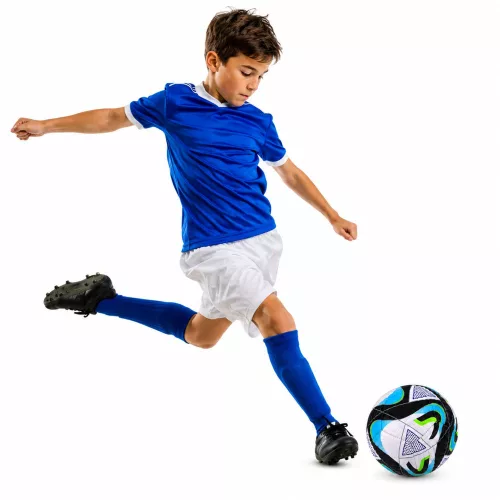 Futball-labda füves pályára, fekete és kék, 22 cm, 5-ös méret