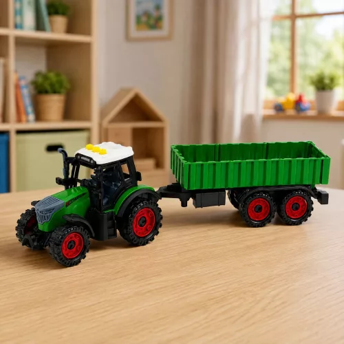 Mezőgazdasági traktor mezőgazdasági pótkocsival, súrlódásos meghajtású lámpákkal, hanggal 35 cm