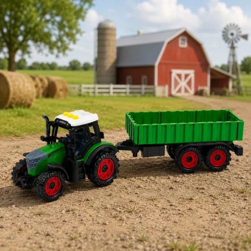 Mezőgazdasági traktor mezőgazdasági pótkocsival, súrlódásos meghajtású lámpákkal, hanggal 35 cm