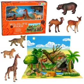   Vadon élő állatok figuráinak halmaza, róka, zsiráf, víziló, szarvaspark, 3D tábla