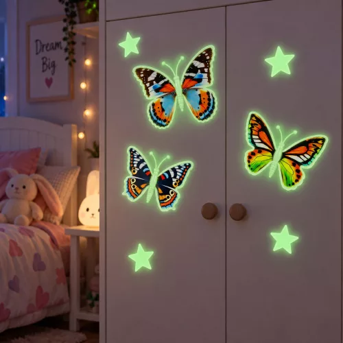 Fluoreszkáló pillangók, sötétben világító csillagok, falmatricák