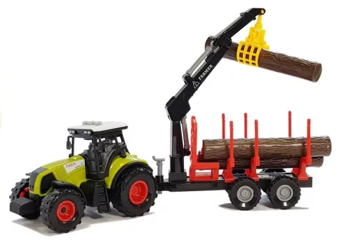 Traktor és erdészeti pótkocsi fával