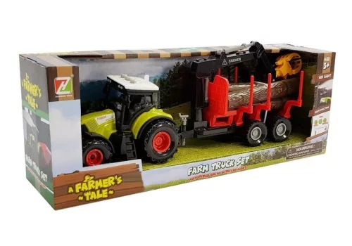 Traktor és erdészeti pótkocsi fával