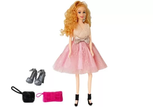 Modellbaba, szőke hajú 28 cm, kézitáska, magas sarkú cipő