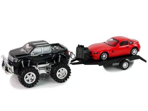 Járműszett Fekete Monster Truck Fehér Lakókocsi 58 cm