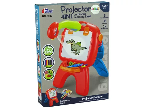 Kétoldalas tábla, kréta, tollak, állvány, projektor képek, piros
