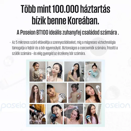 POSEION BT100® Prémium koreai revitalizáló zuhanyfej vízszűrővel, mágneses-ionizáló technológiával, szürke