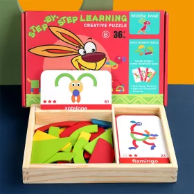   Magnetisches Tangram-Holzspiel mit englischen Karten, mittleres Niveau