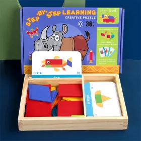   Magnetisches Tangram-Holzspiel mit englischen Karten, fortgeschrittenes Niveau