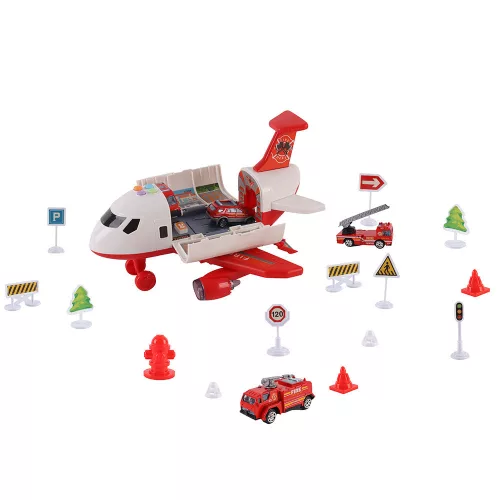 Tűzoltó szállító repülőgép, 4 tűzoltóautóval, kiegészítőkkel, fény- és hanghatásokkal