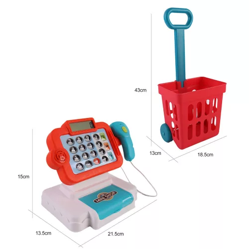 Játék bolti pénztárgép tele bevásárlókocsival, 32 db-os