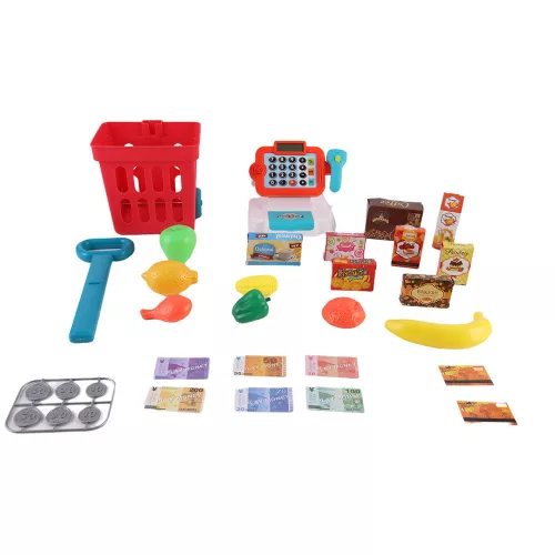 Játék bolti pénztárgép tele bevásárlókocsival, 32 db-os