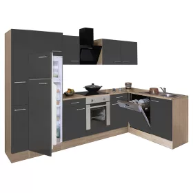   Yorki 310 Eckkücheneinheit mit Backofen unten und Gefrierfach oben sowie Kühlschrank.