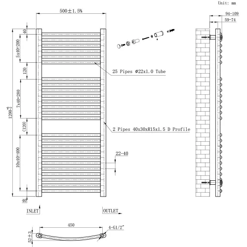 Íves törölközőszárító radiátor 1200x500 mm fekete