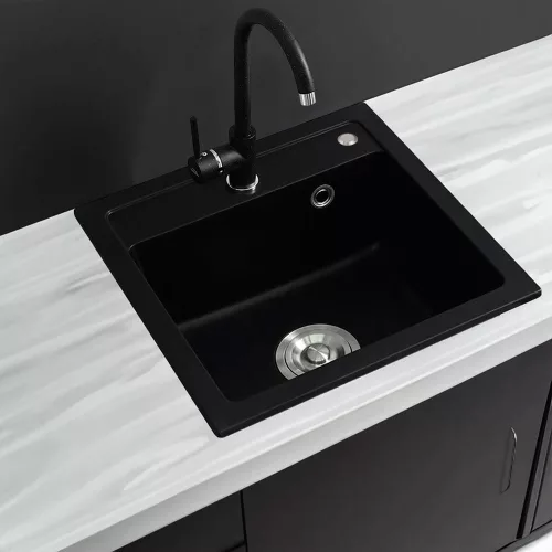 Nia quadratisches Einzelbecken aus Granit mit Siphon, schwarz