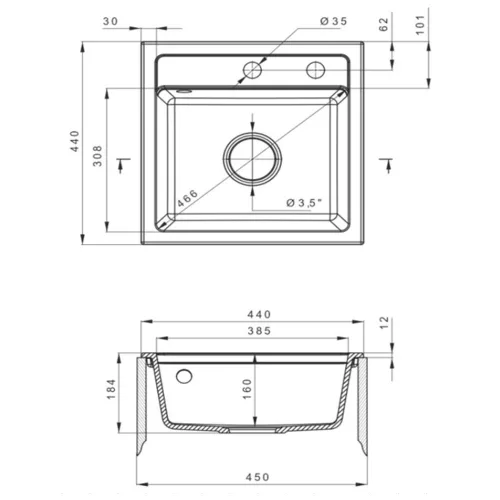 Nia quadratisches Einzelbecken aus Granit mit Siphon, schwarz