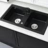 Tia quadratisches Zweibecken-Granitwaschbecken mit Siphon, schwarz