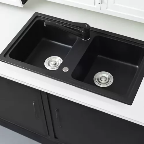 Tia quadratisches Zweibecken-Granitwaschbecken mit Siphon, schwarz