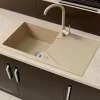 Gori quadratisches Einzelwaschbecken + Tropfspüle aus Granit mit Siphon, beige