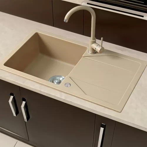 Gori quadratisches Einzelwaschbecken + Tropfspüle aus Granit mit Siphon, beige