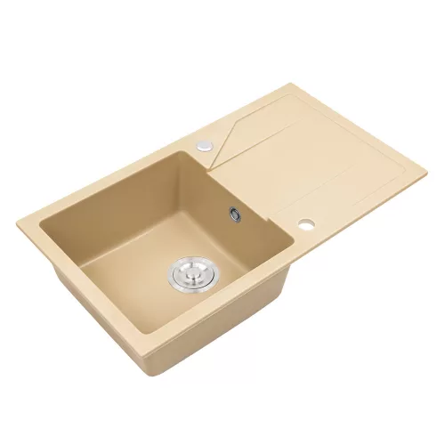 Gori quadratisches Einzelwaschbecken + Tropfspüle aus Granit mit Siphon, beige