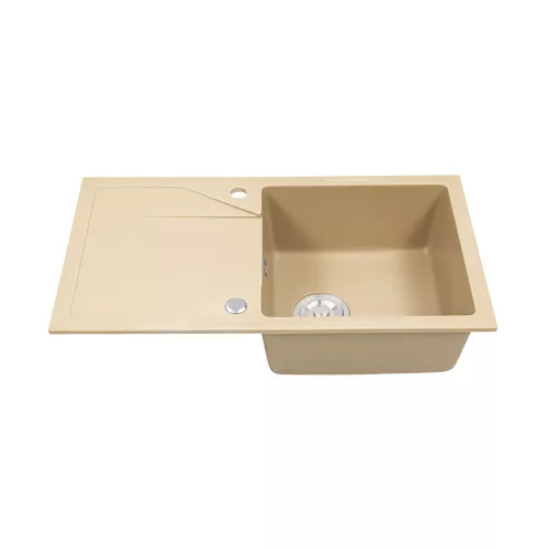 Gori quadratisches Einzelwaschbecken + Tropfspüle aus Granit mit Siphon, beige