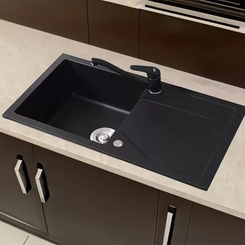 Gori quadratisches Einzelbecken aus Granit mit Abtropffläche und Siphon, schwarz