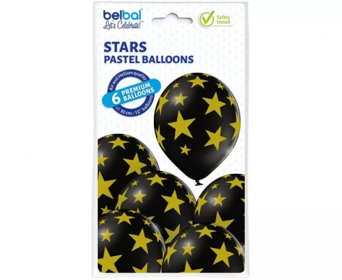 Balón Starry Black Star, sada 6 balónov s priemerom 30 cm (12 palcov)