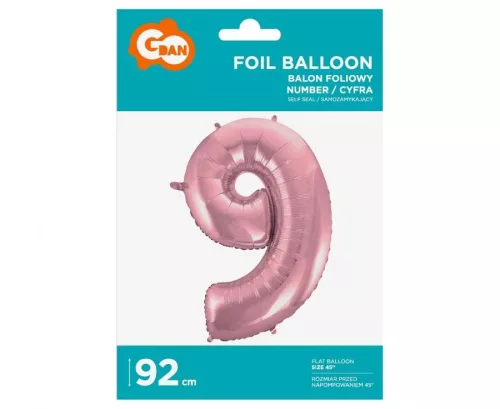 Fóliový balón číslo 9 svetloružový 92 cm