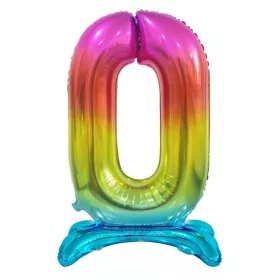 Fóliový balón s dúhovým číslom 0 a podstavcom, 74 cm
