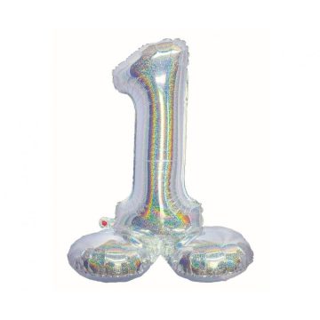   Ezüst Holographic Silver 1-es szám fólia lufi talppal 72 cm