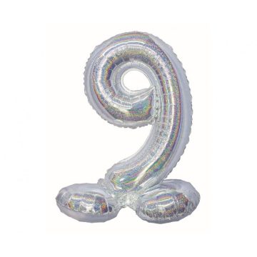   Ezüst Holographic Silver 9-es szám fólia lufi talppal 72 cm