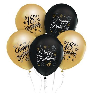   Happy Birthday 18 Gold-Black léggömb, lufi 5 db-os 12 inch (30 cm)