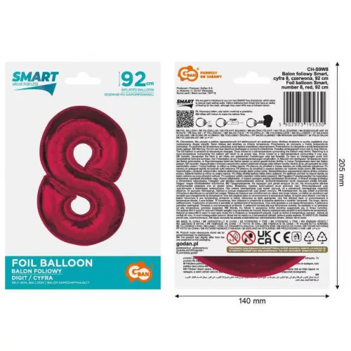 Fóliový balón s červeným číslom 8, 92 cm