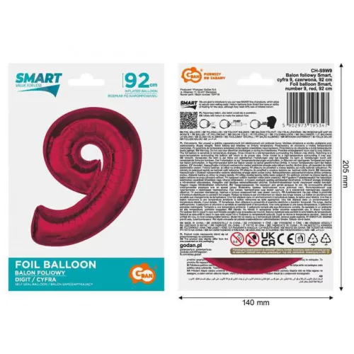 Fóliový balón s červeným číslom 9, 92 cm
