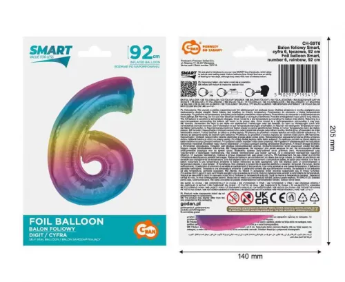 Fóliový balón s dúhovým číslom 6, 92 cm