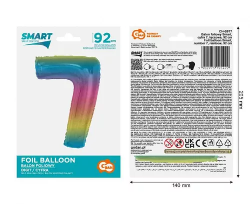 Fóliový balón s dúhovým číslom 7, farebný, 92 cm