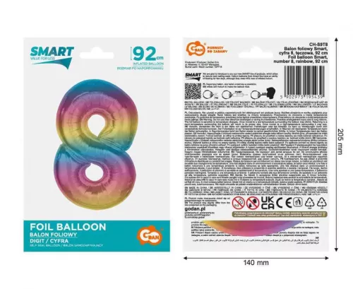 Fóliový balón s dúhovým číslom 8, 92 cm