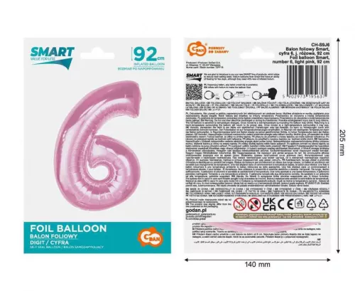 Fóliový balón číslo 6 svetloružový 92 cm