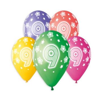   Happy Birthday 9 Star léggömb, lufi 5 db-os 13 inch (33 cm)