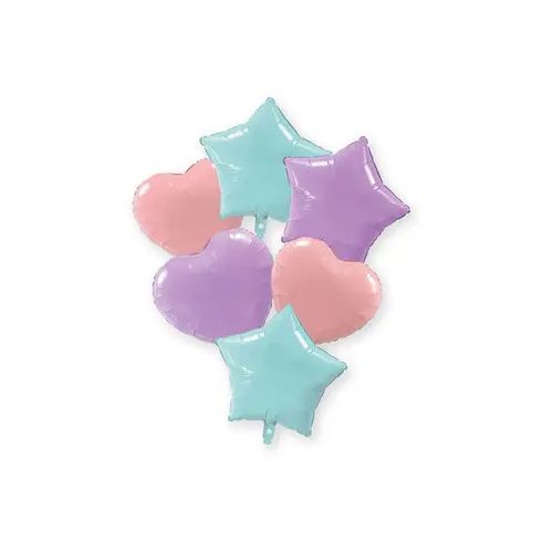 Pastel Blue Pink Lilac szív, csillag fólia lufi 6 db-os szett 46 cm