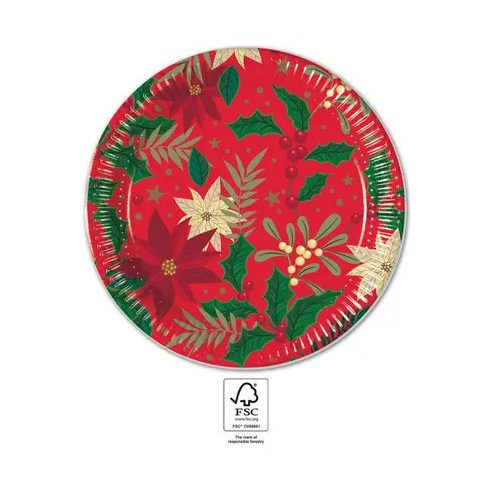 Karácsonyi Holly Poinsettia papírtányér 8 db-os 23 cm FSC