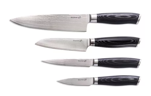 Set de cuțite G21 Gourmet Damasc din bloc de bambus 4 buc + piatră de ascuțit