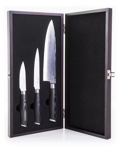 Set de cuțite G21 Gourmet Damasc din bloc de bambus 4 buc + piatră de ascuțit