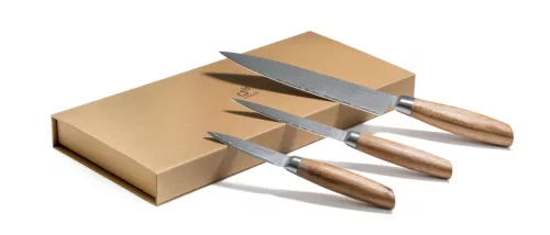 Set de 3 cuțite G21 Gourmet Damasc, cutie mică, cu mâner din lemn de zebrano