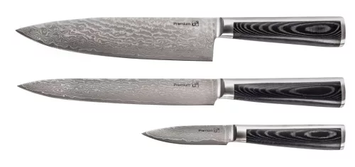 Set de cuțite G21 Gourmet Premium 3 bucăți în suport de cuțite din bambus + piatră de ascuțit