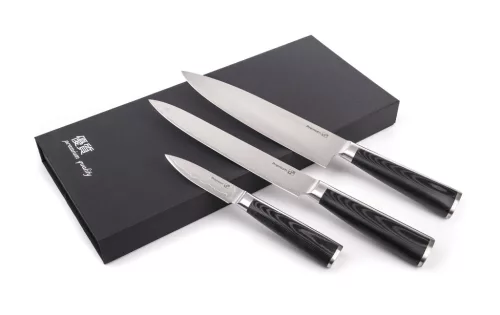 Set de cuțite G21 Gourmet Premium 3 bucăți în suport de cuțite din bambus + piatră de ascuțit