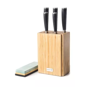   Set de cuțite G21 Gourmet Premium 5 bucăți în suport de cuțite din bambus + piatră de ascuțit